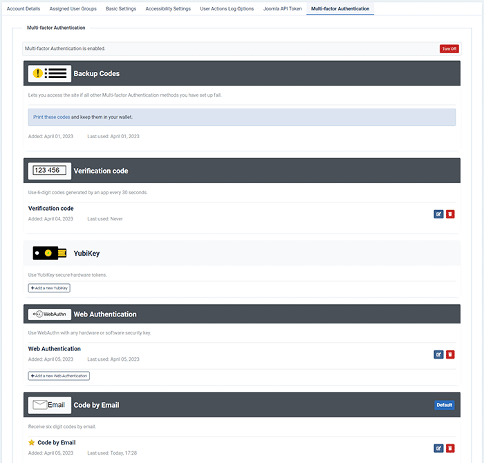 Multi factor Authentication User settings on Joomla4 Website - Incomeword